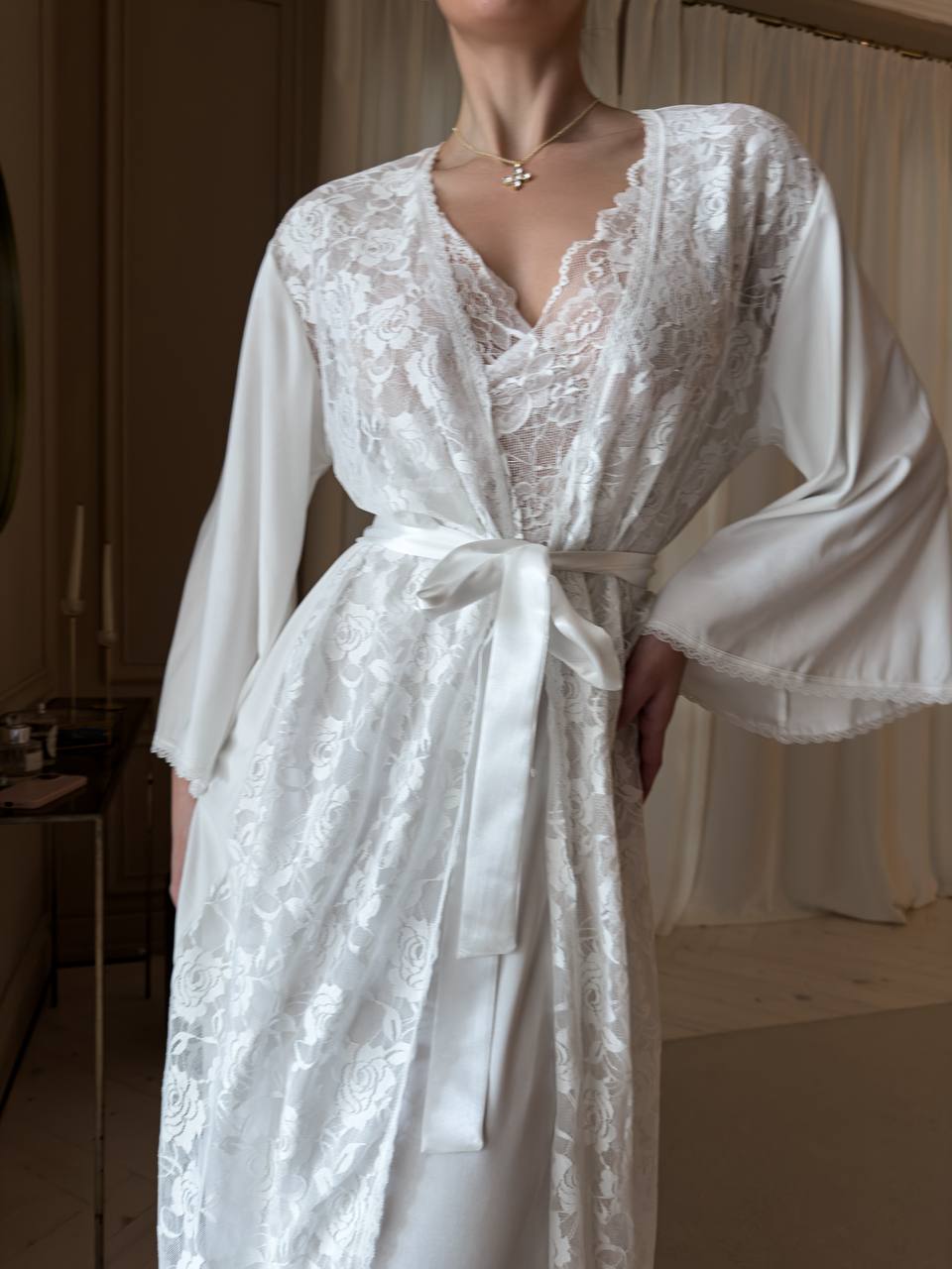 Barely There Affair — Lace Peignoir Set in Neutral — front view
