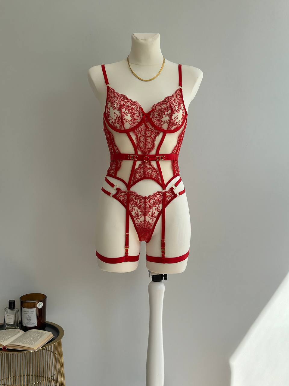 Crimson Signal — Red Lace Lingerie Set in Red — front view