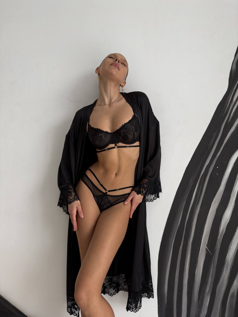 Eclipse Heat — Black Lace Peignoir Set in Black — front view