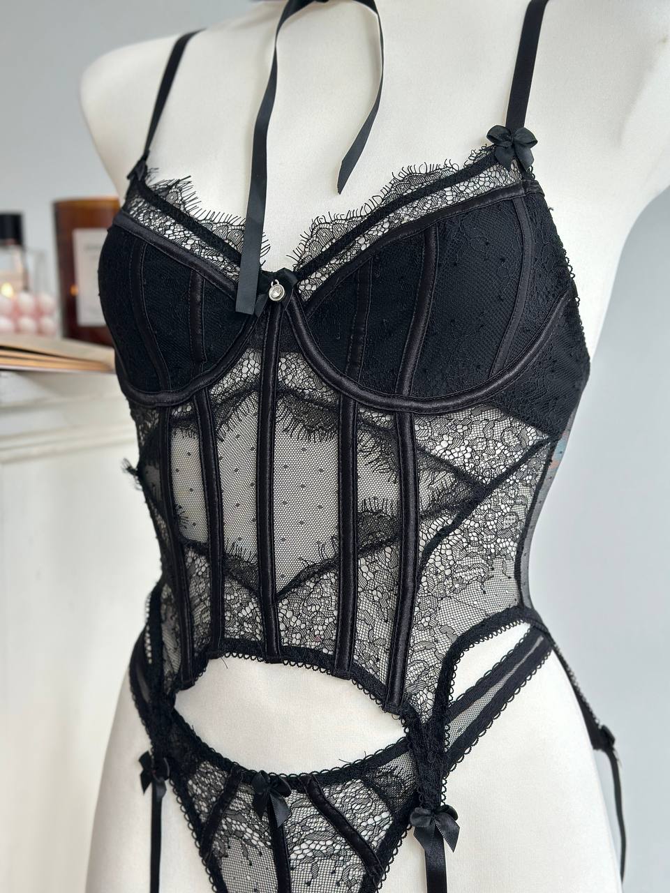 Noir Whisper — Black Corset Lingerie Set in Black — product view 2