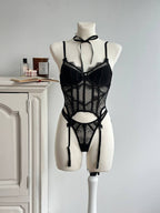 Noir Whisper — Black Corset Lingerie Set in Black — front view