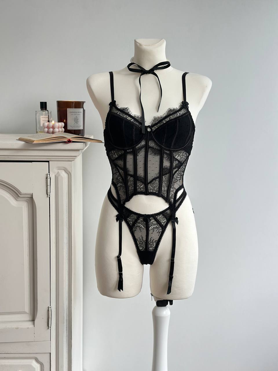 Noir Whisper — Black Corset Lingerie Set in Black — front view