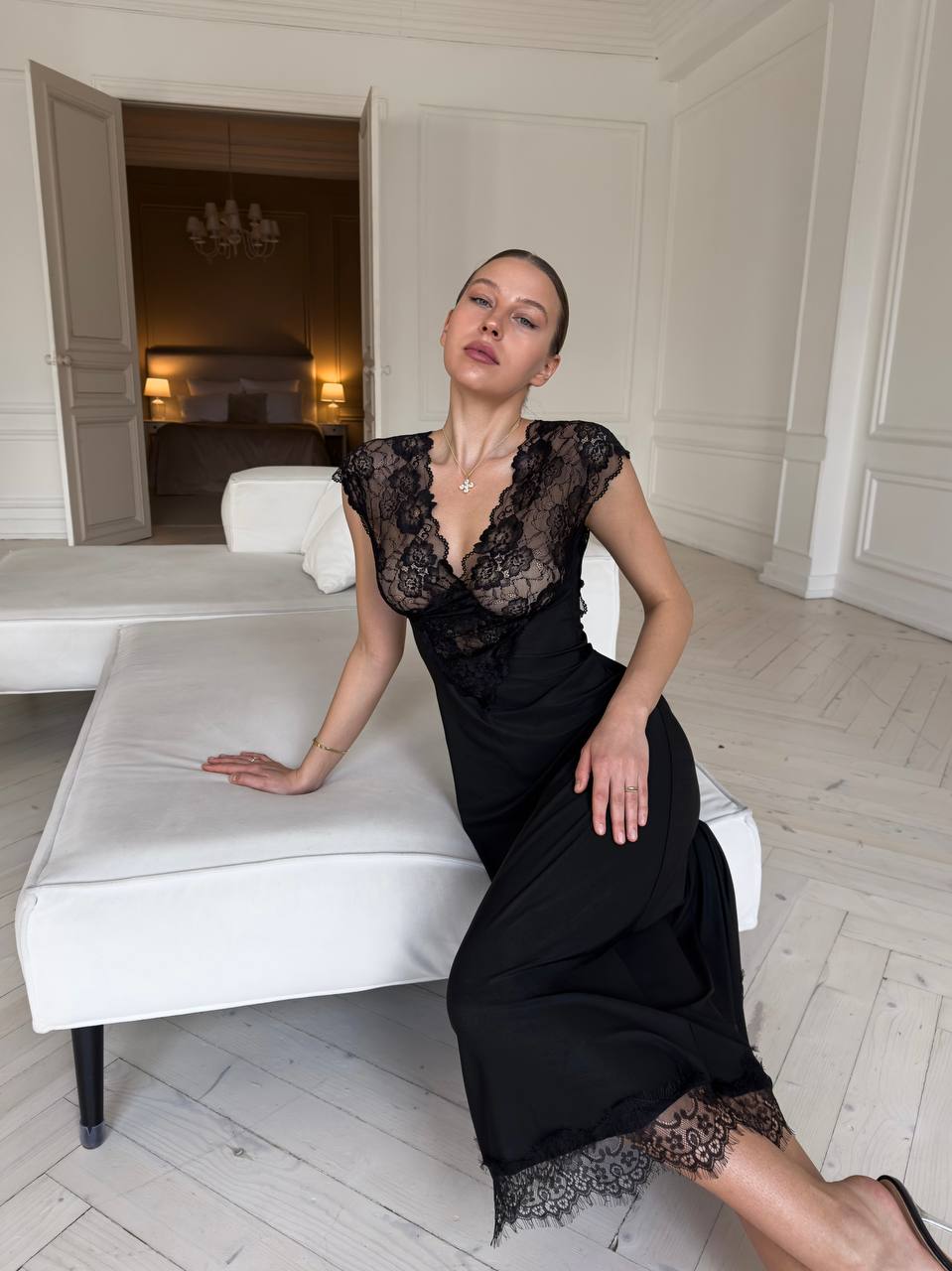 Quiet Heat Kiss — Lace Peignoir Set in Neutral — product view 4