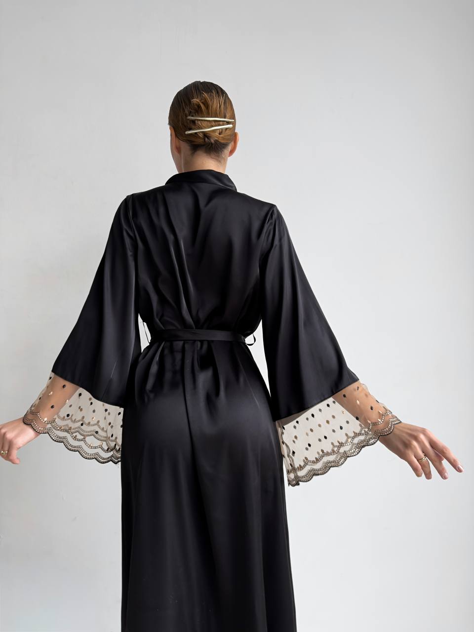 Ink Whisper — Black Lace Peignoir Set in Black — product view 2