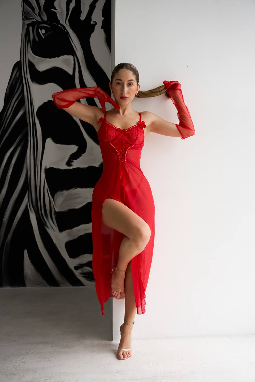 Scarlet Kiss — Red Lace Peignoir Set in Red — product view 4