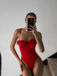 Red Hot Voltage — Red Sheer Bodysuit in Red — front view