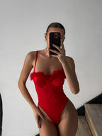 Red Hot Voltage — Red Sheer Bodysuit in Red — front view