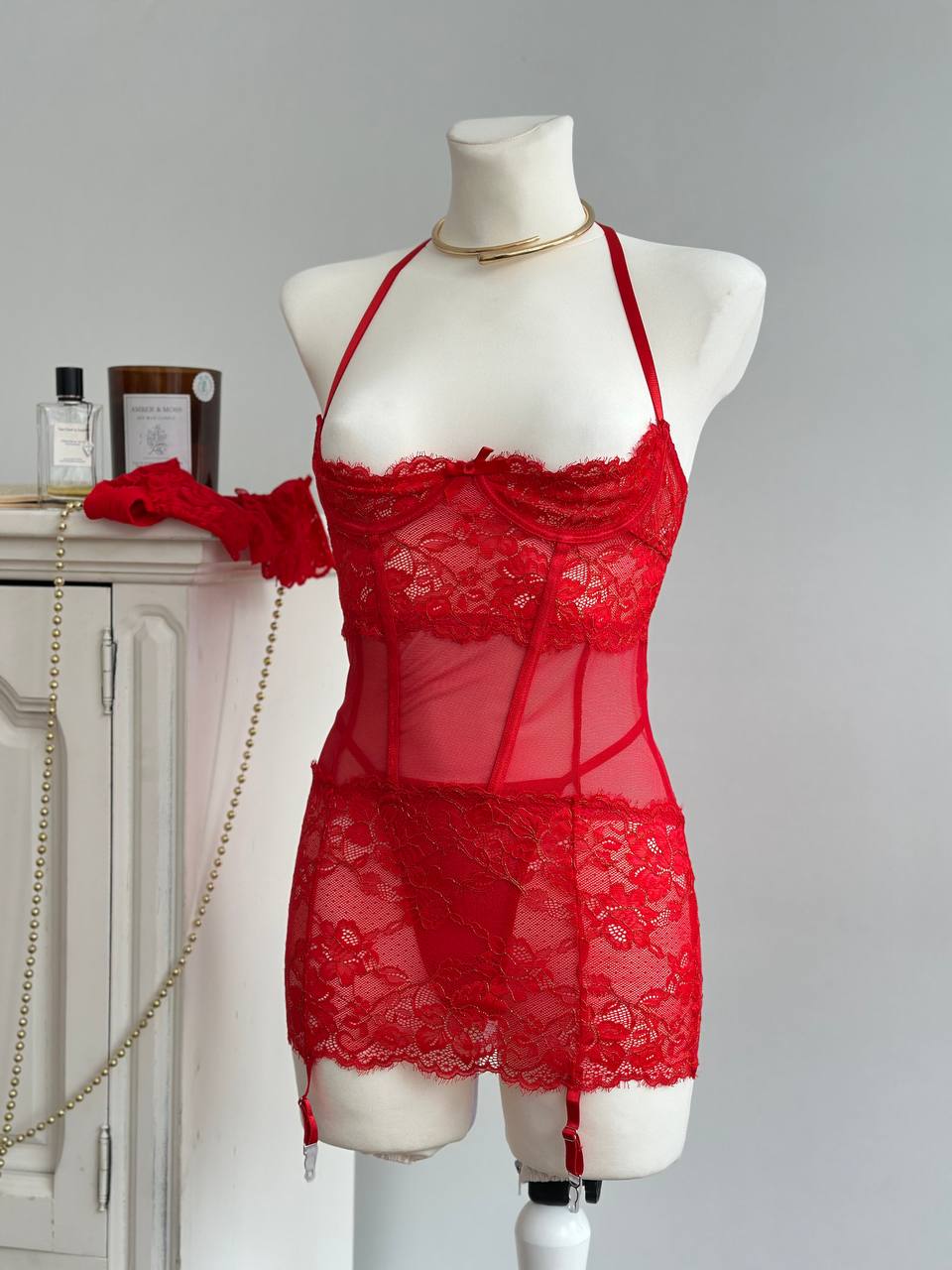 Crimson Muse — Red Lace Peignoir Set in Red — product view 4