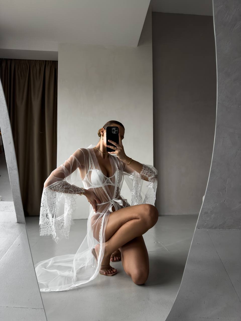 First Light Affair — White Lace Peignoir Set in White — front view