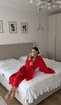 Red Hot Bloom — Red Lace Peignoir Set in Red — front view