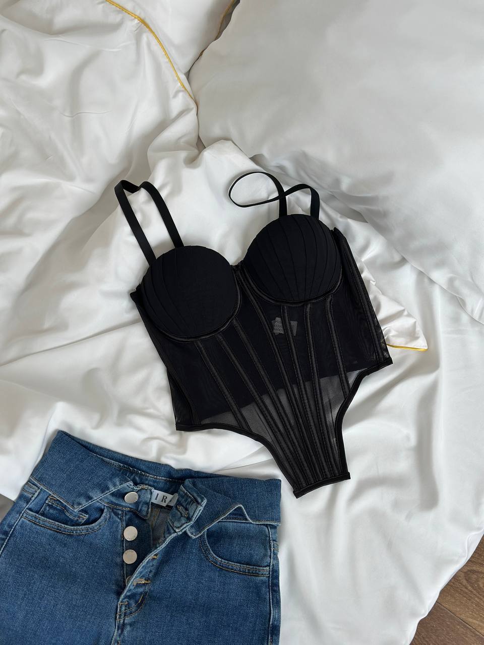 After-Hours Glimmer — Black Corset Lingerie Set in Black — product view 2