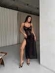 After-Hours Whisper — Black Lace Peignoir Set in Black — front view