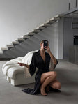 Ink Whisper — Black Lace Peignoir Set in Black — front view