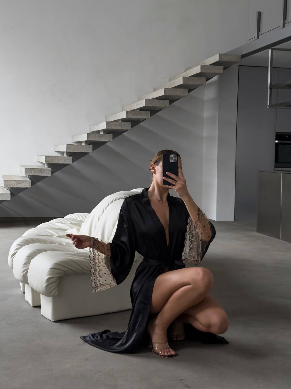 Ink Whisper — Black Lace Peignoir Set in Black — front view
