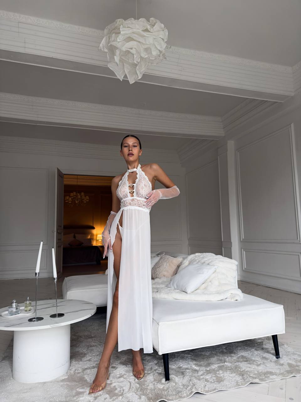Secret Voltage — Lace Peignoir Set in Neutral — product view 4