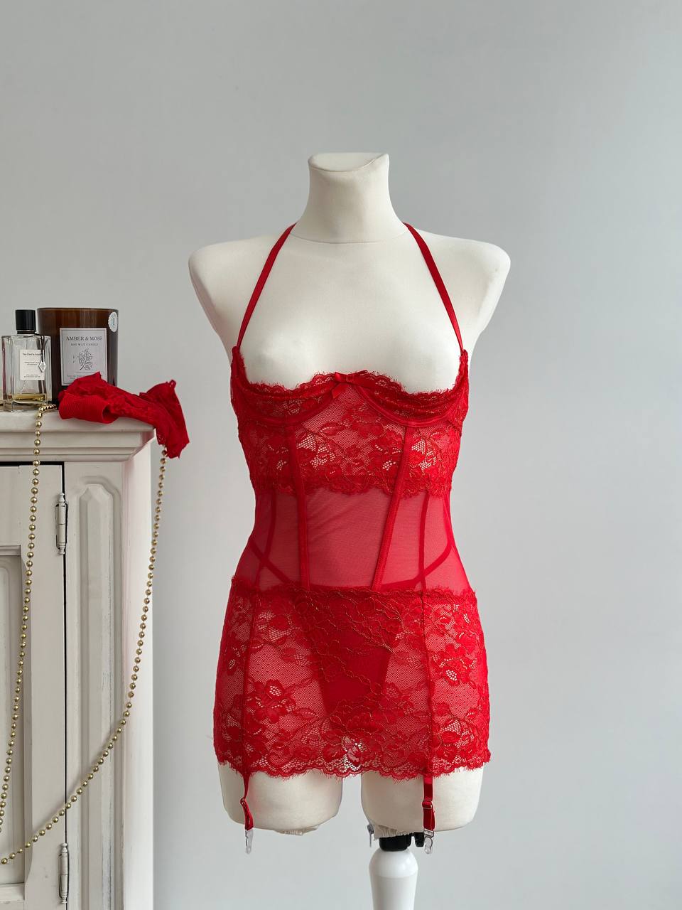 Crimson Muse — Red Lace Peignoir Set in Red — product view 2