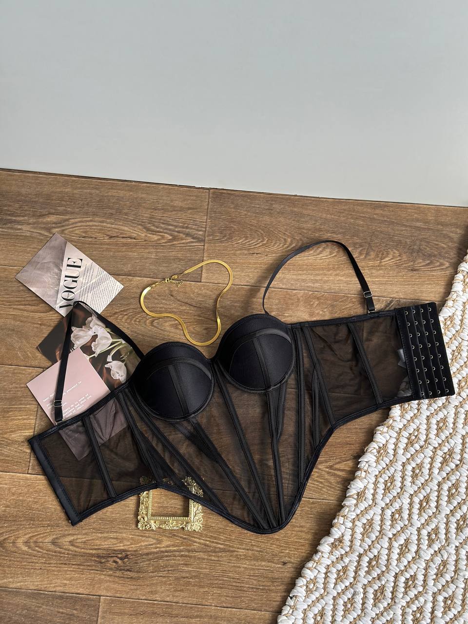 Noir Glimmer — Black Corset Lingerie Set in Black — product view 3