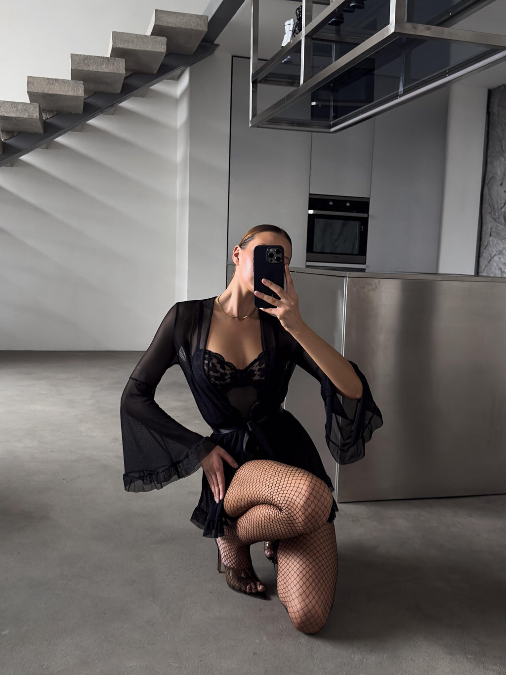 Black Lace Bodysuit Lingerie Set with Sheer Robe and Stockings — view 3