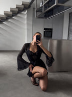 Black Lace Bodysuit Lingerie Set with Sheer Robe and Stockings — view 3