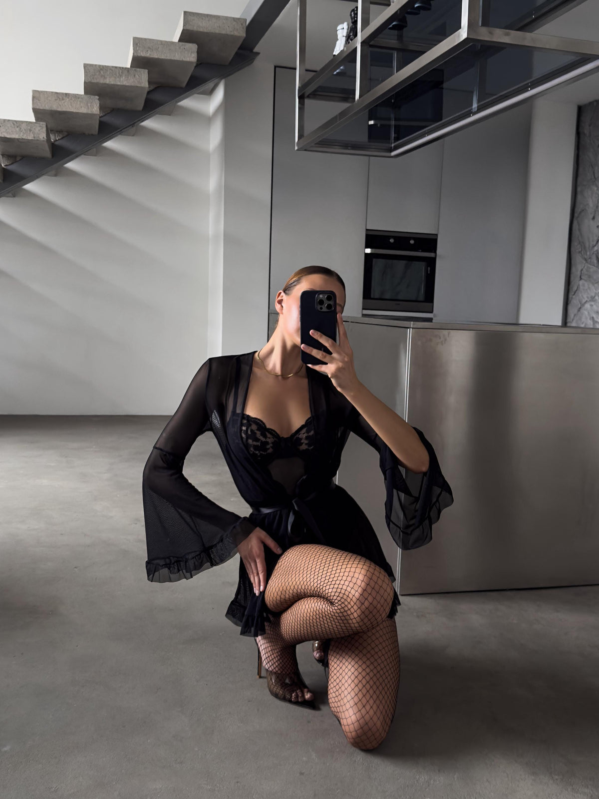 Black Lace Bodysuit Lingerie Set with Sheer Robe and Stockings — view 3