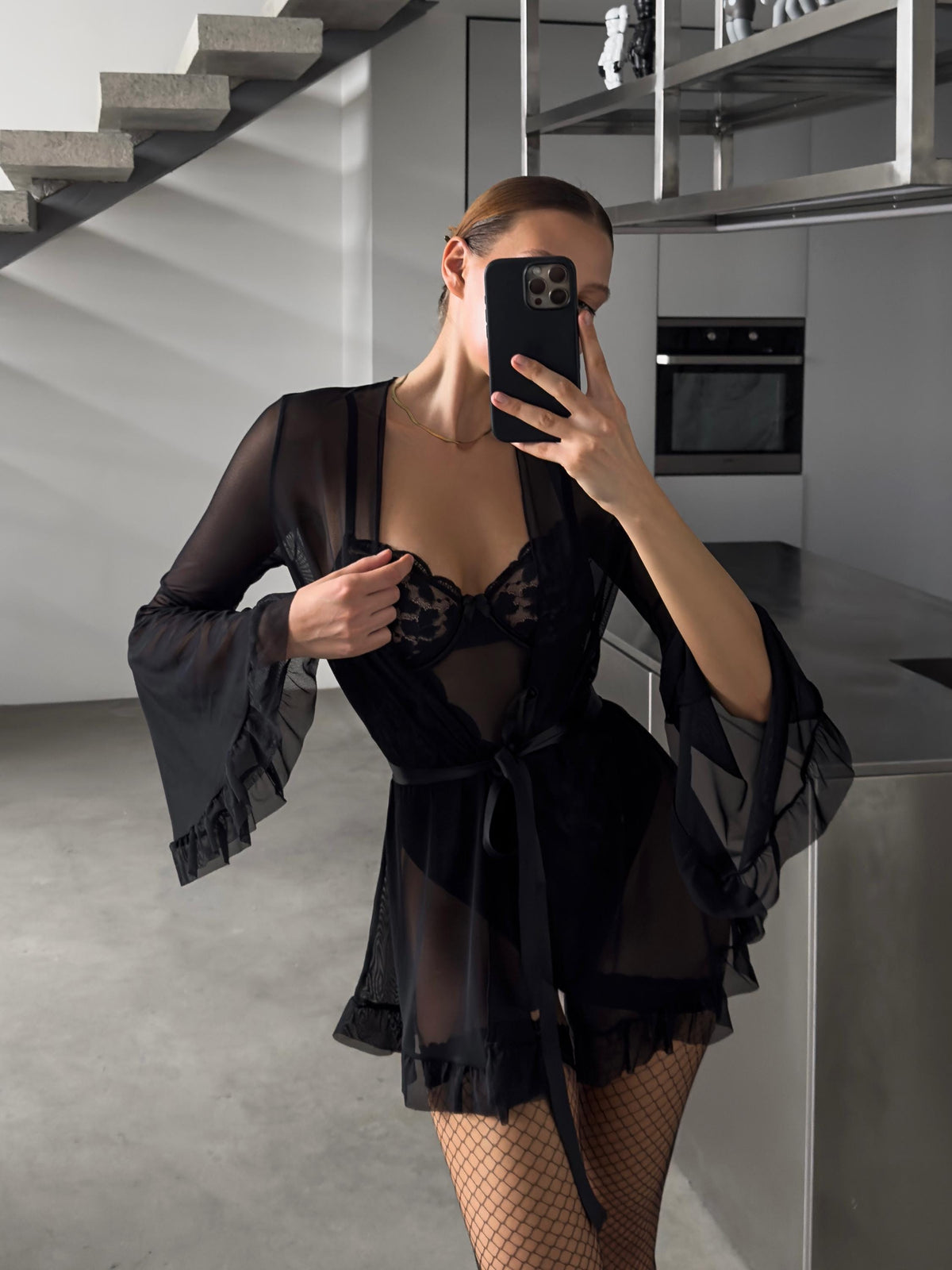 Black Lace Bodysuit Lingerie Set with Sheer Robe and Stockings — view 5